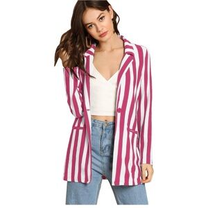 Casual Work Office Open Front Striped Blazer jacket. Pink and white striped